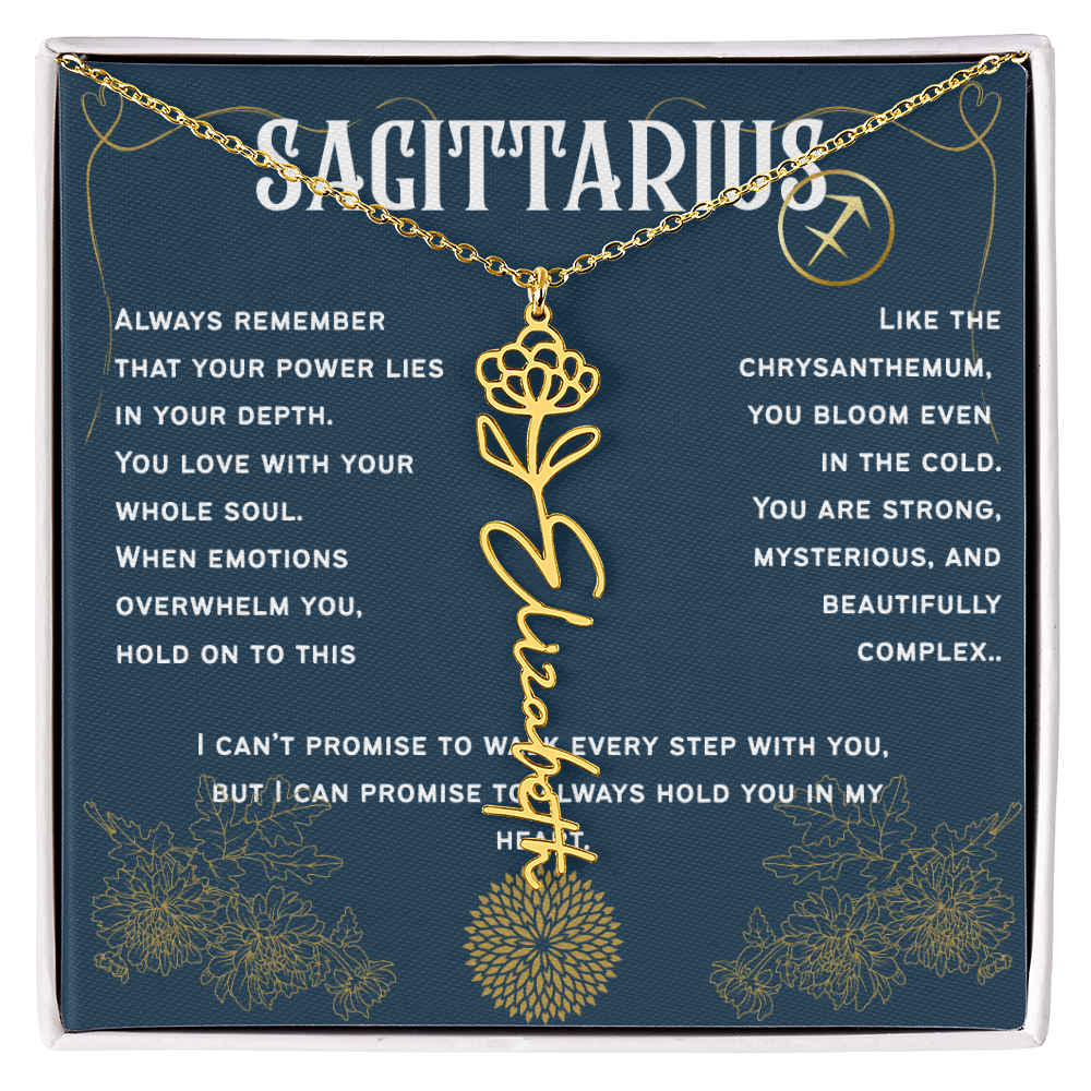 Sagittarius Personalized Name Necklace – Chrysanthemum Birth Flower – November
