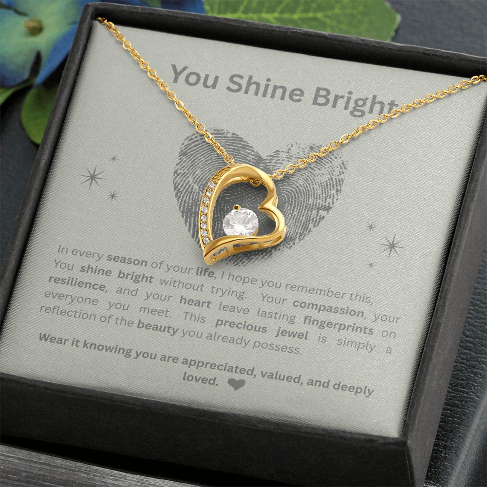 You Shine Bright Appreciation Necklace | Double-Heart Pendant with Message Card | White Gold & Yellow Gold Finish |  Gift for Her