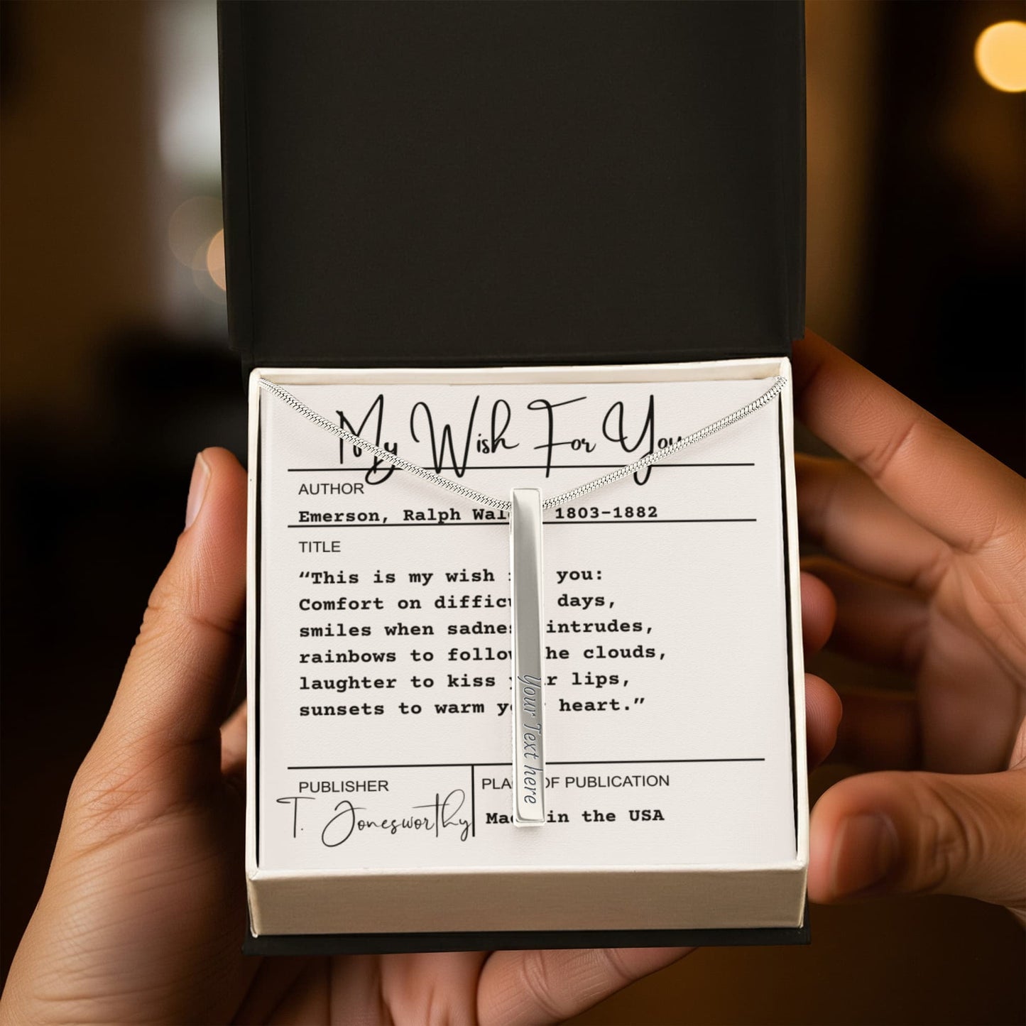 Engraved 4-Sided Minimalist Stick Necklace  |  Custom Bookmark | Personalized Bar Pendant  Gift for Readers with Emerson Quote Card |