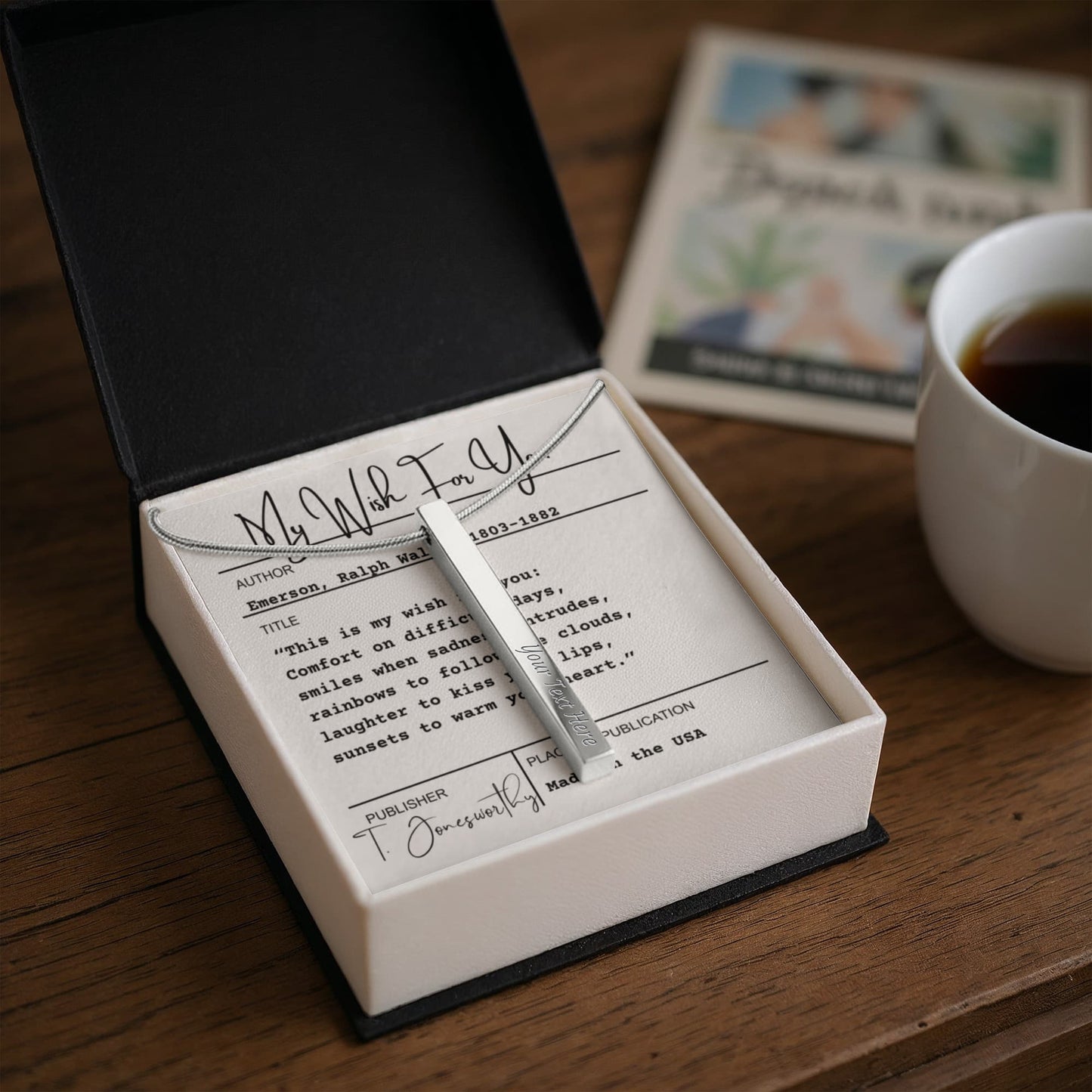 Engraved 4-Sided Minimalist Stick Necklace  |  Custom Bookmark | Personalized Bar Pendant  Gift for Readers with Emerson Quote Card |