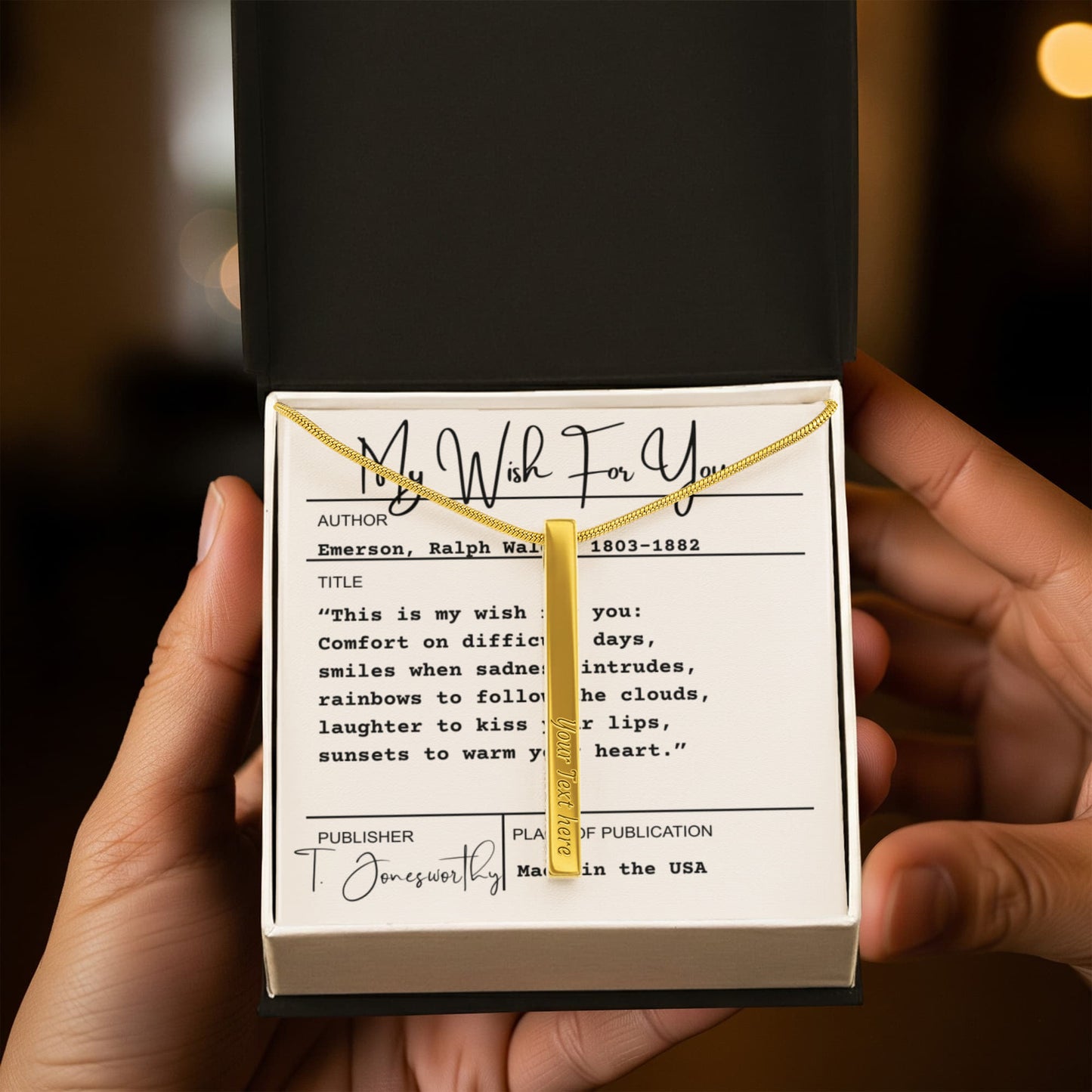 Engraved 4-Sided Minimalist Stick Necklace  |  Custom Bookmark | Personalized Bar Pendant  Gift for Readers with Emerson Quote Card |