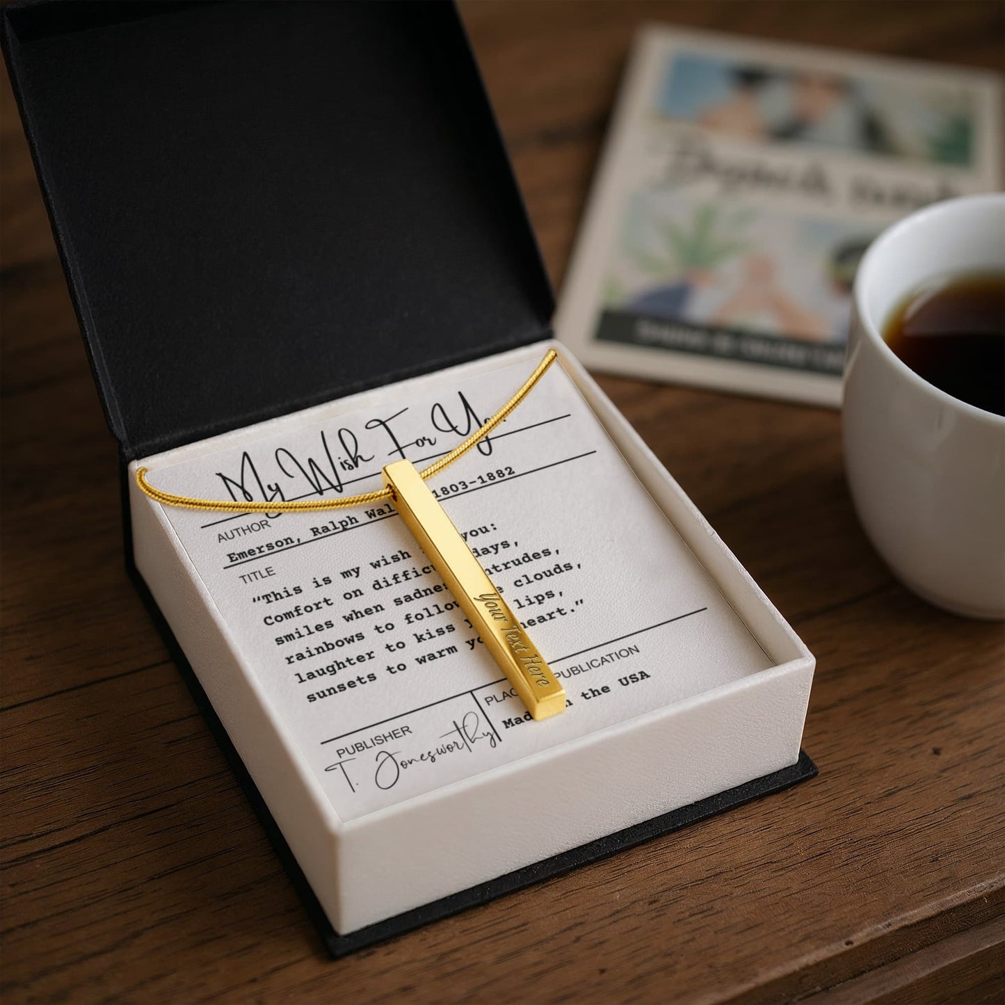 Engraved 4-Sided Minimalist Stick Necklace  |  Custom Bookmark | Personalized Bar Pendant  Gift for Readers with Emerson Quote Card |