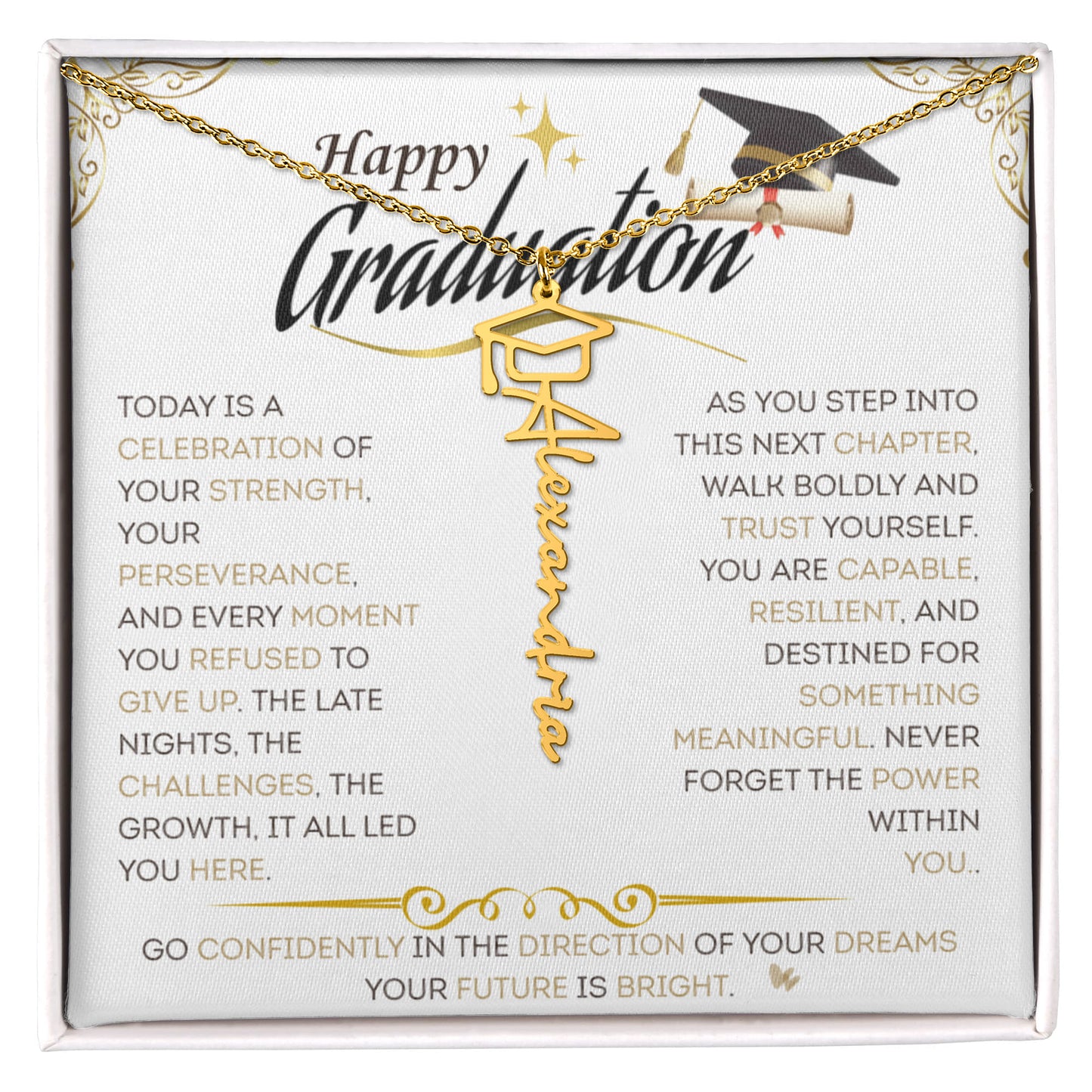 Personalized Graduation Name Necklace with Cap – Custom Graduate Gift for Her, High School & College Keepsake Jewelry, Class of 2026 Gift