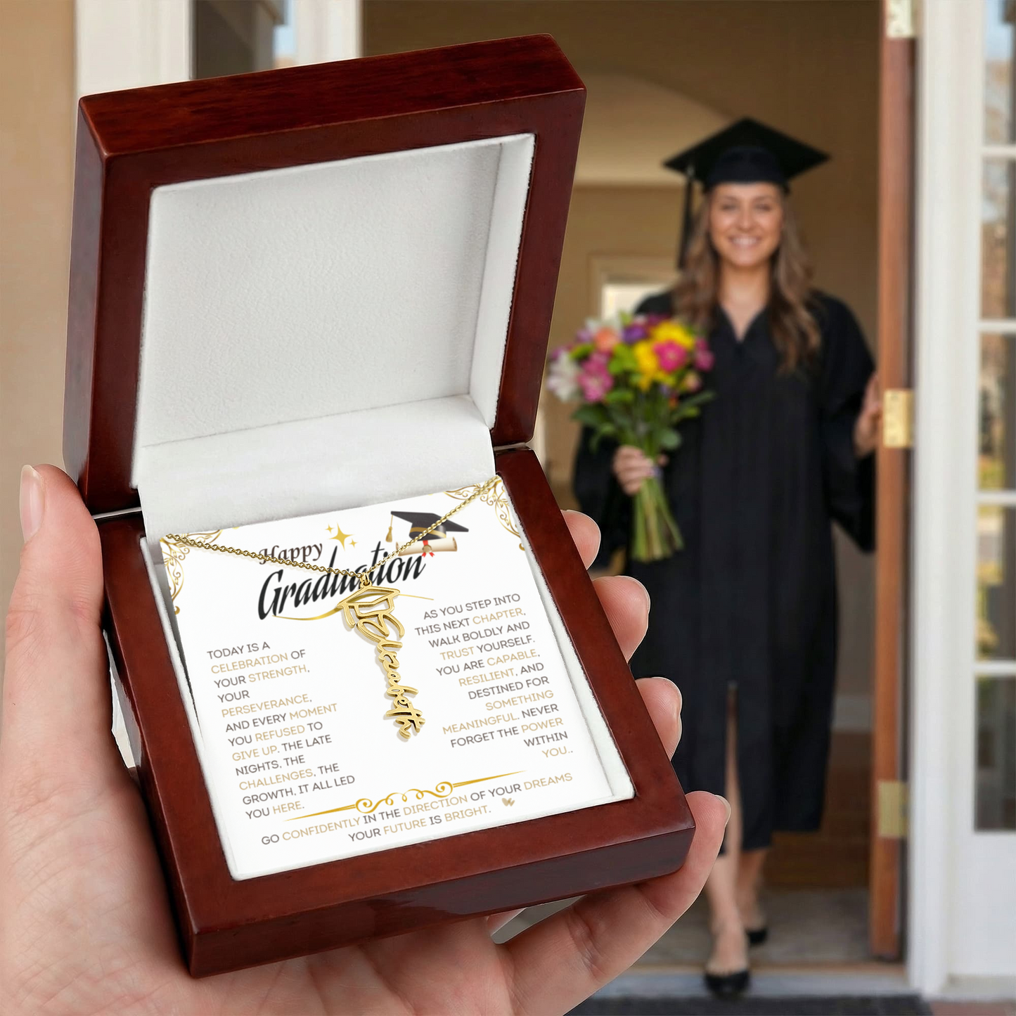 Personalized Graduation Name Necklace with Cap – Custom Graduate Gift for Her, High School & College Keepsake Jewelry, Class of 2026 Gift