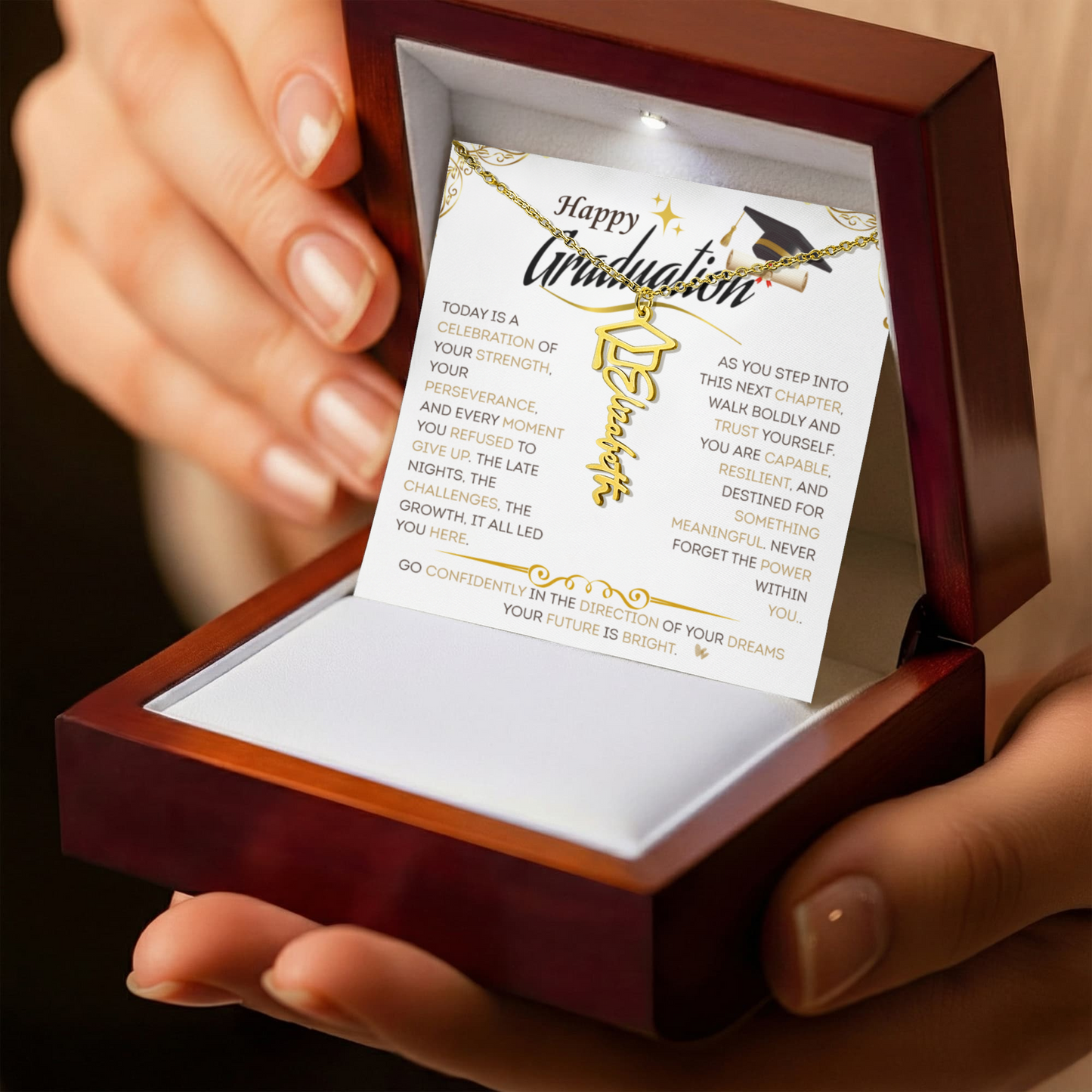 Personalized Graduation Name Necklace with Cap – Custom Graduate Gift for Her, High School & College Keepsake Jewelry, Class of 2026 Gift