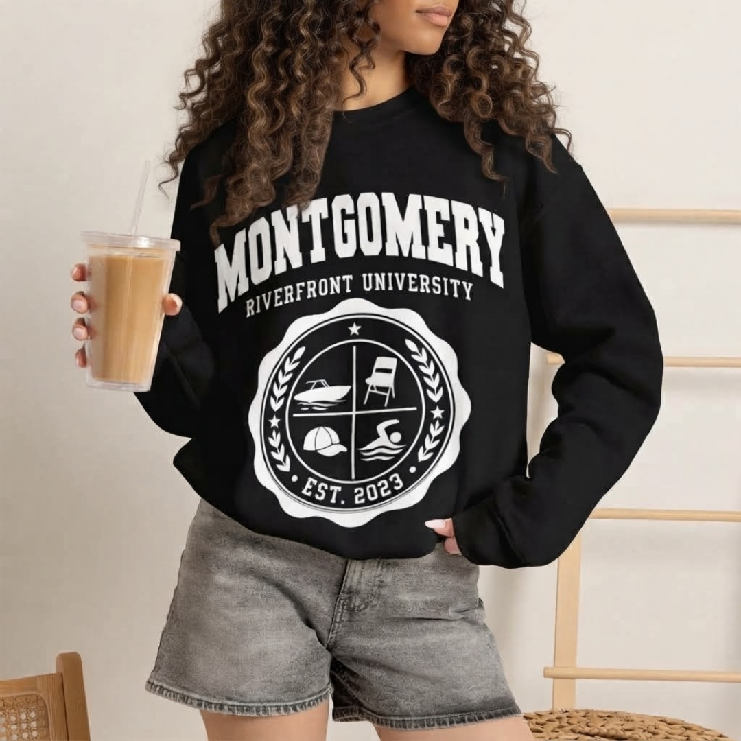 Montgomery Riverfront Shirt or Crewneck, Black Culture College Style Tee, Folding Chair Inspired Sweatshirt, Est 2023