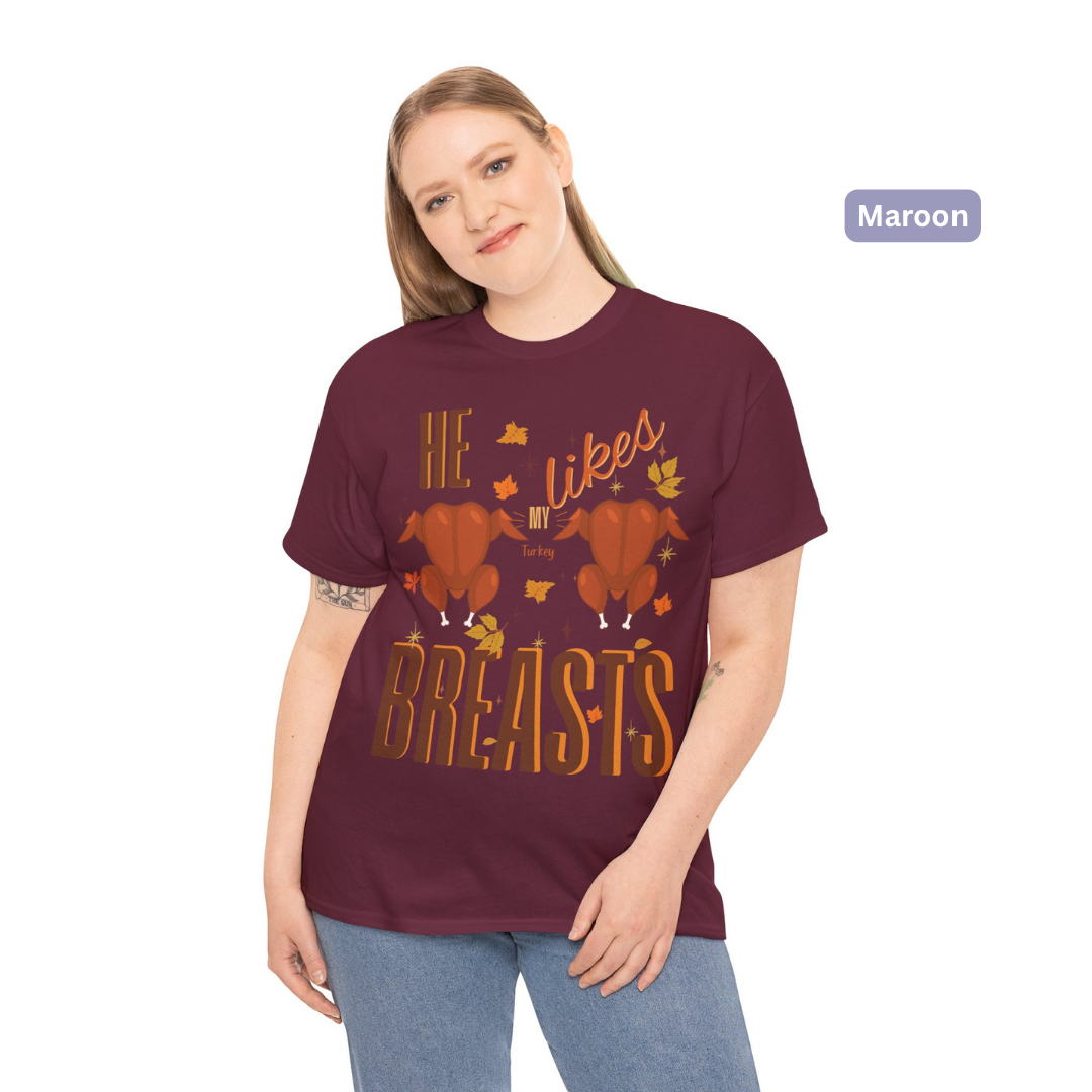 Funny Thanksgiving Couple Shirts – “She Likes My Drumstick” & “He Likes My Turkey Breasts” | Unisex Heavy Cotton Fall Tees