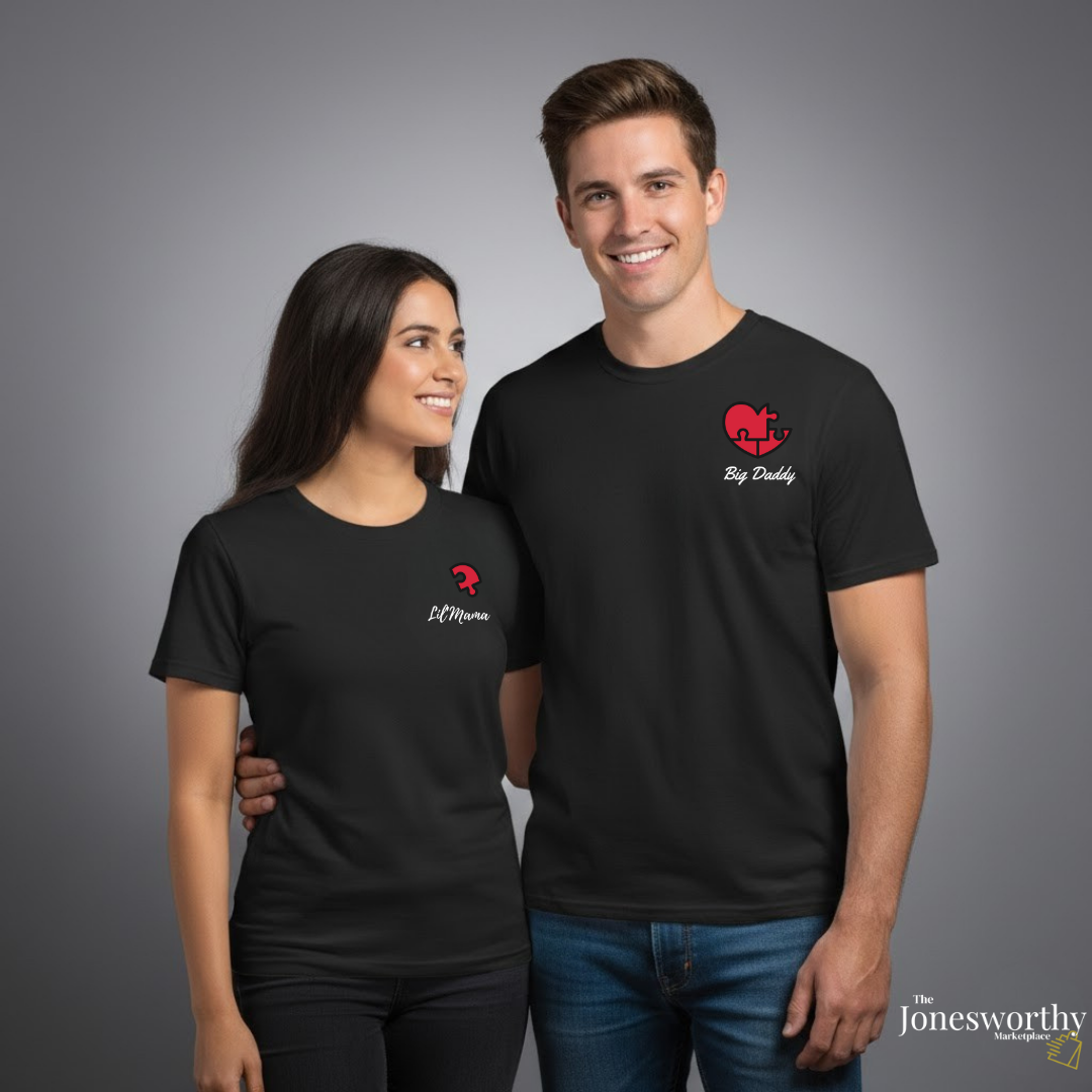 Puzzle Piece Heart Couples Shirt Set • Custom Matching T-Shirts • Personalized Name Tees • Unisex Black Gildan 5000 • Valentine’s, Anniversary Gift