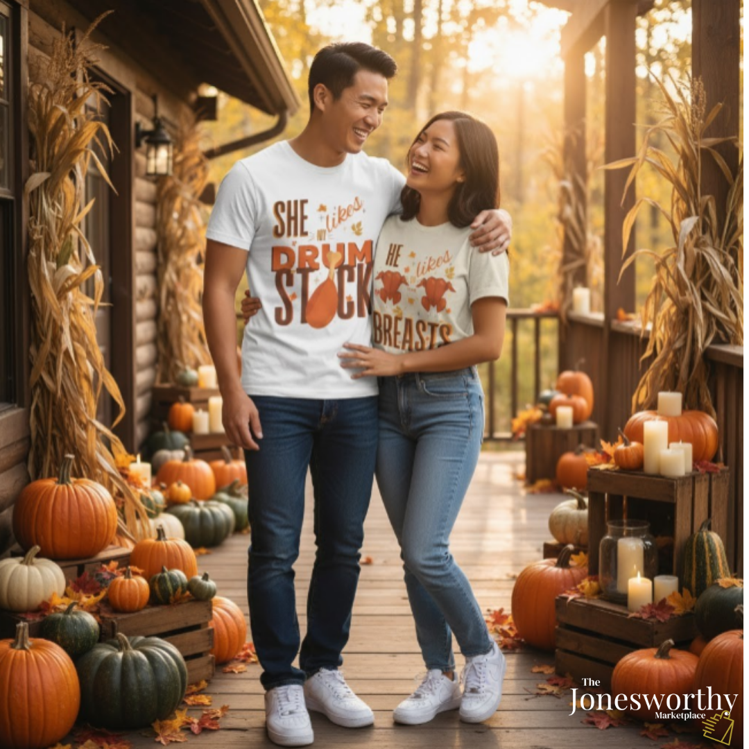 Funny Thanksgiving Couple Shirts – “She Likes My Drumstick” & “He Likes My Turkey Breasts” | Unisex Heavy Cotton Fall Tees