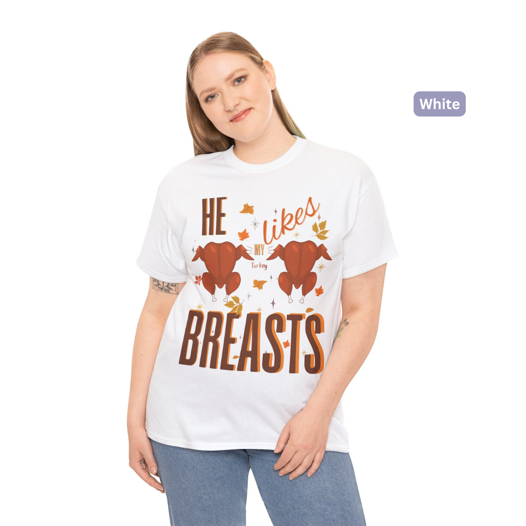 Funny Thanksgiving Couple Shirts – “She Likes My Drumstick” & “He Likes My Turkey Breasts” | Unisex Heavy Cotton Fall Tees