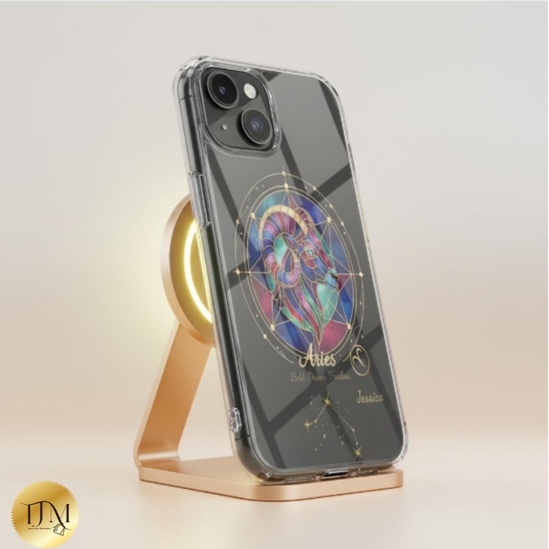 Zodiac iPhone 15 | 15 Pro | 15 Plus | 15 Max Case MagSafe: Faux Stained Glass, Personalized Name