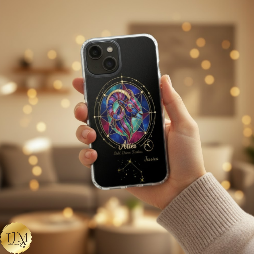 Zodiac iPhone 15 | 15 Pro | 15 Plus | 15 Max Case MagSafe: Faux Stained Glass, Personalized Name