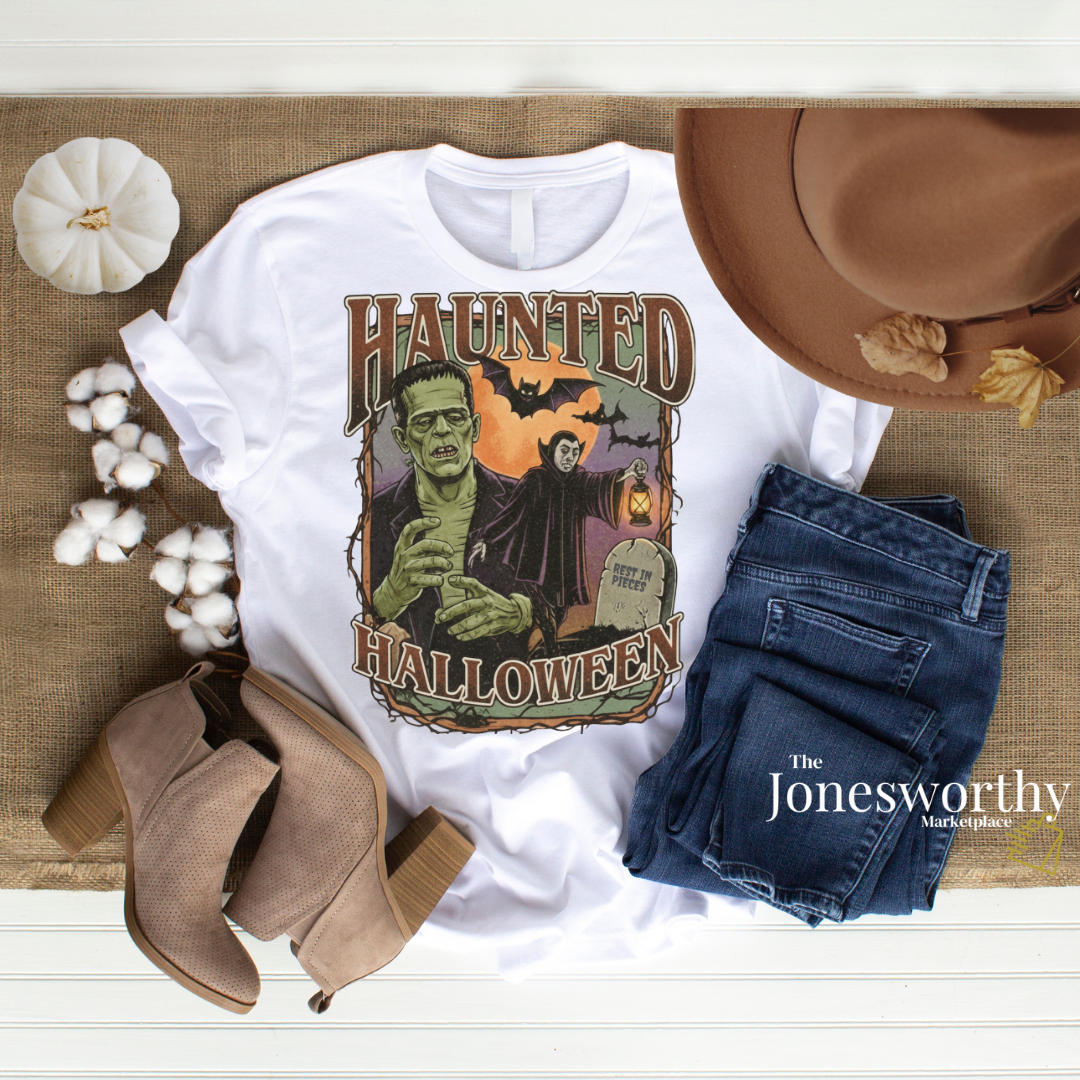 Vintage Haunted Halloween Graphic Tee or Sweatshirt | Retro Frankenstein & Dracula Fall Shirt