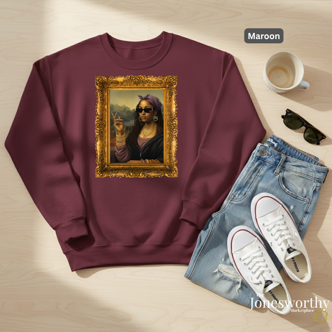 Monét Leisha Black Mona Lisa Hoodie, Sweatshirt & T-Shirt| Modern African American Art Streetwear | Vintage Gold Frame Design