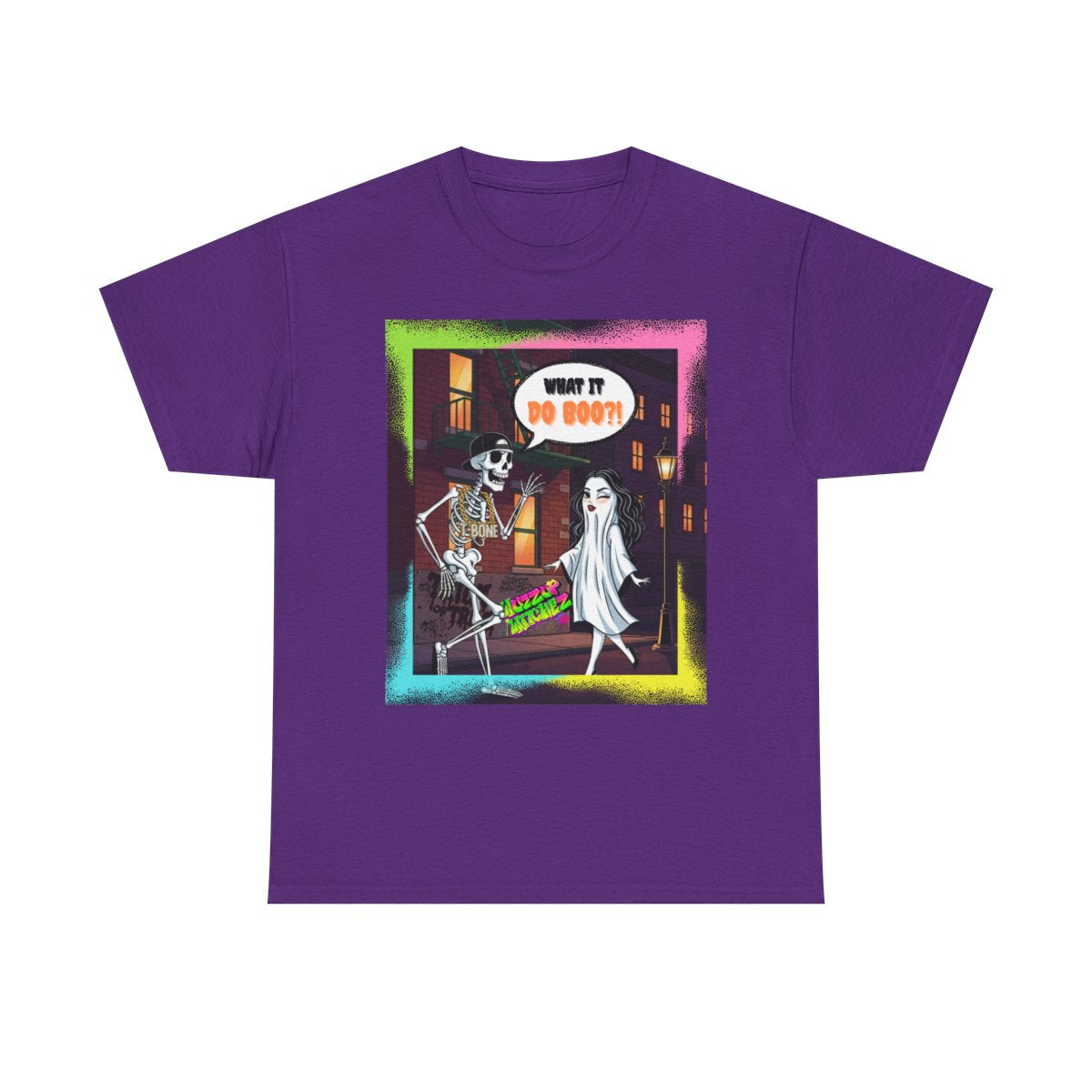 Funny Halloween Graphic Tee | Retro Hip-Hop Skeleton & Ghost |  What it Do BOO?! | Graffiti Unisex Heavy Cotton Shirt