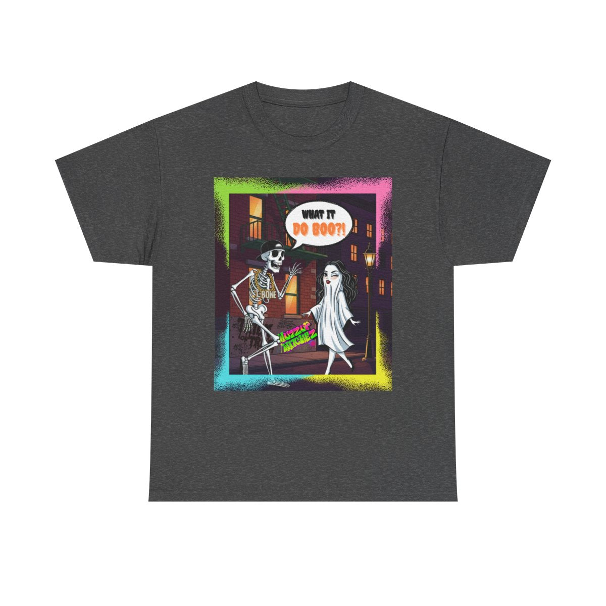 Funny Halloween Graphic Tee | Retro Hip-Hop Skeleton & Ghost |  What it Do BOO?! | Graffiti Unisex Heavy Cotton Shirt