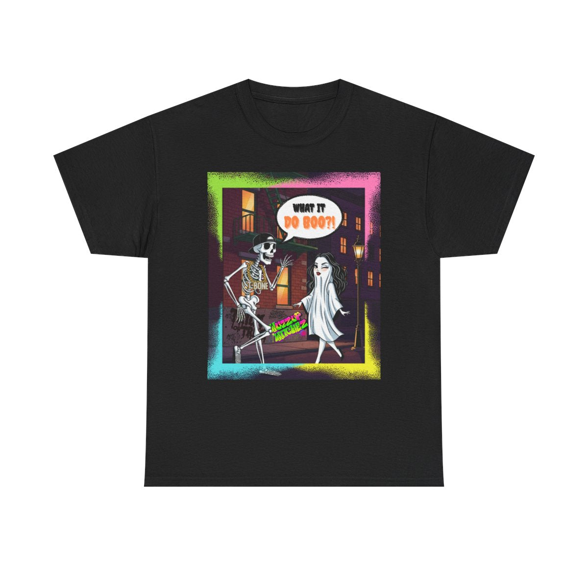 Funny Halloween Graphic Tee | Retro Hip-Hop Skeleton & Ghost |  What it Do BOO?! | Graffiti Unisex Heavy Cotton Shirt